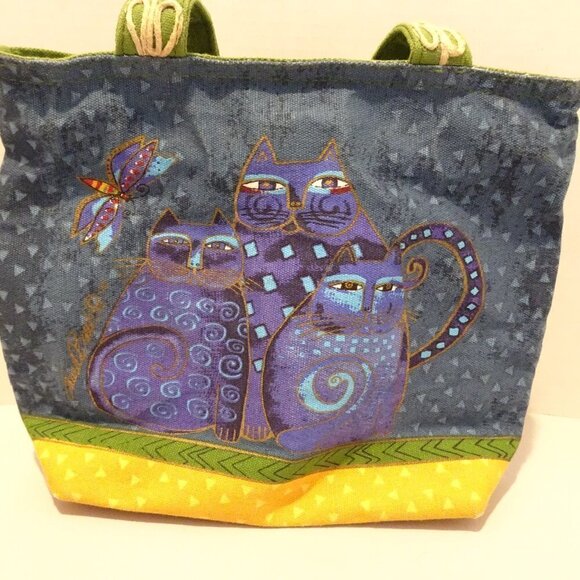 Laurel Burch Blue Cats Butterfly Tote Canvas Handbag Purse Charm Zipper Logo - Picture 1 of 4